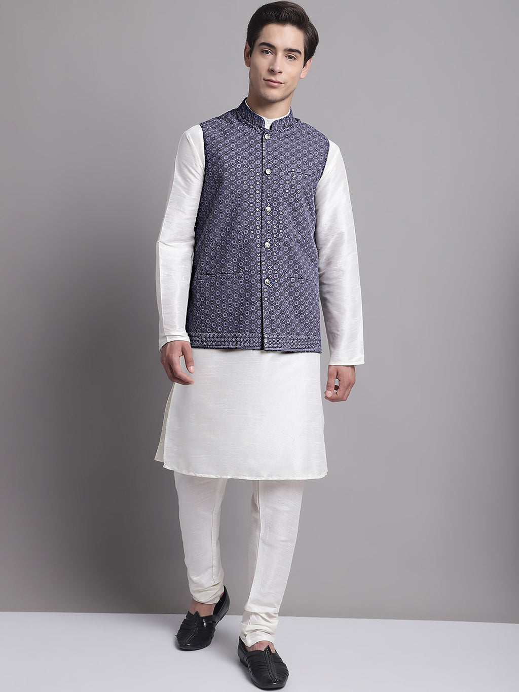 Jompers Men's Grey Sequins and Embroidred Nehru Jacket With Solid Kurta Pyjama