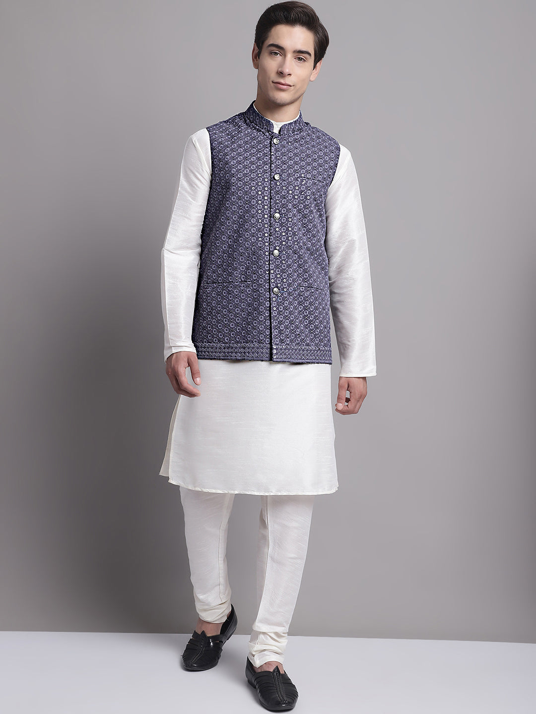 Jompers Men's Grey Sequins and Embroidred Nehru Jacket With Solid Kurta Pyjama