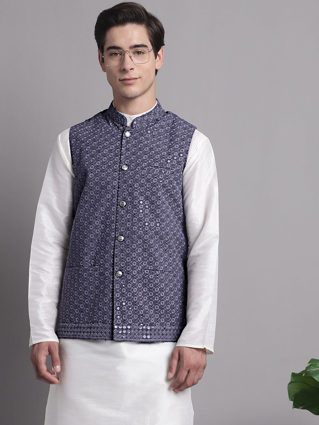 Jompers Men's Grey Sequins and Embroidred Nehru Jacket With Solid Kurta Pyjama