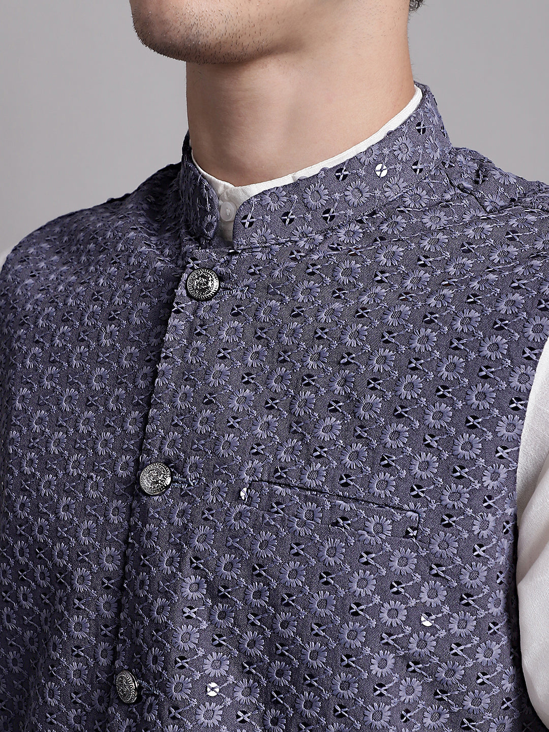 Jompers Men's Grey Sequins and Embroidred Nehru Jacket With Solid Kurta Pyjama