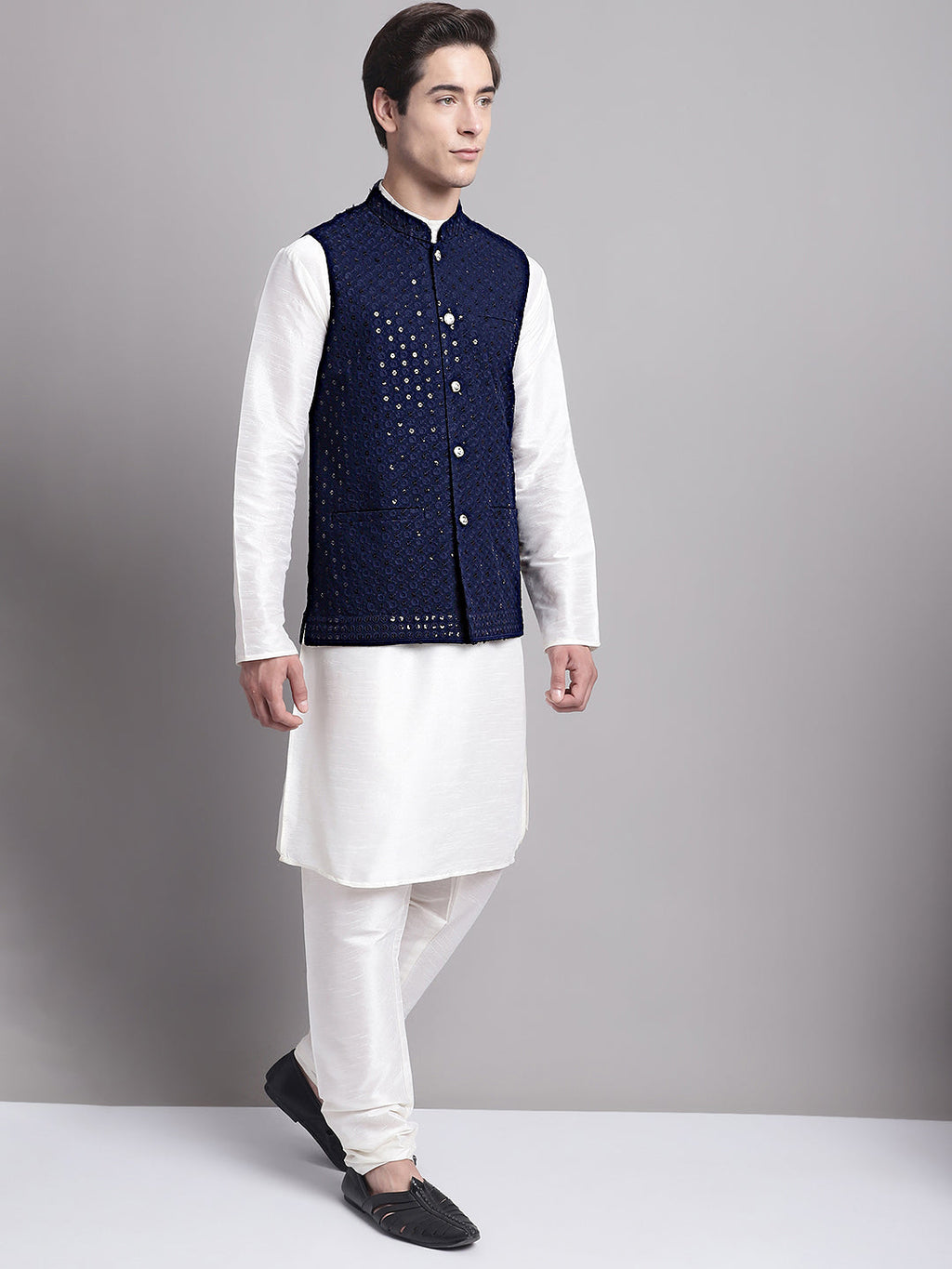Jompers Men's Navy Blue Sequins and Embroidred Nehru Jacket With Solid Kurta Pyjama