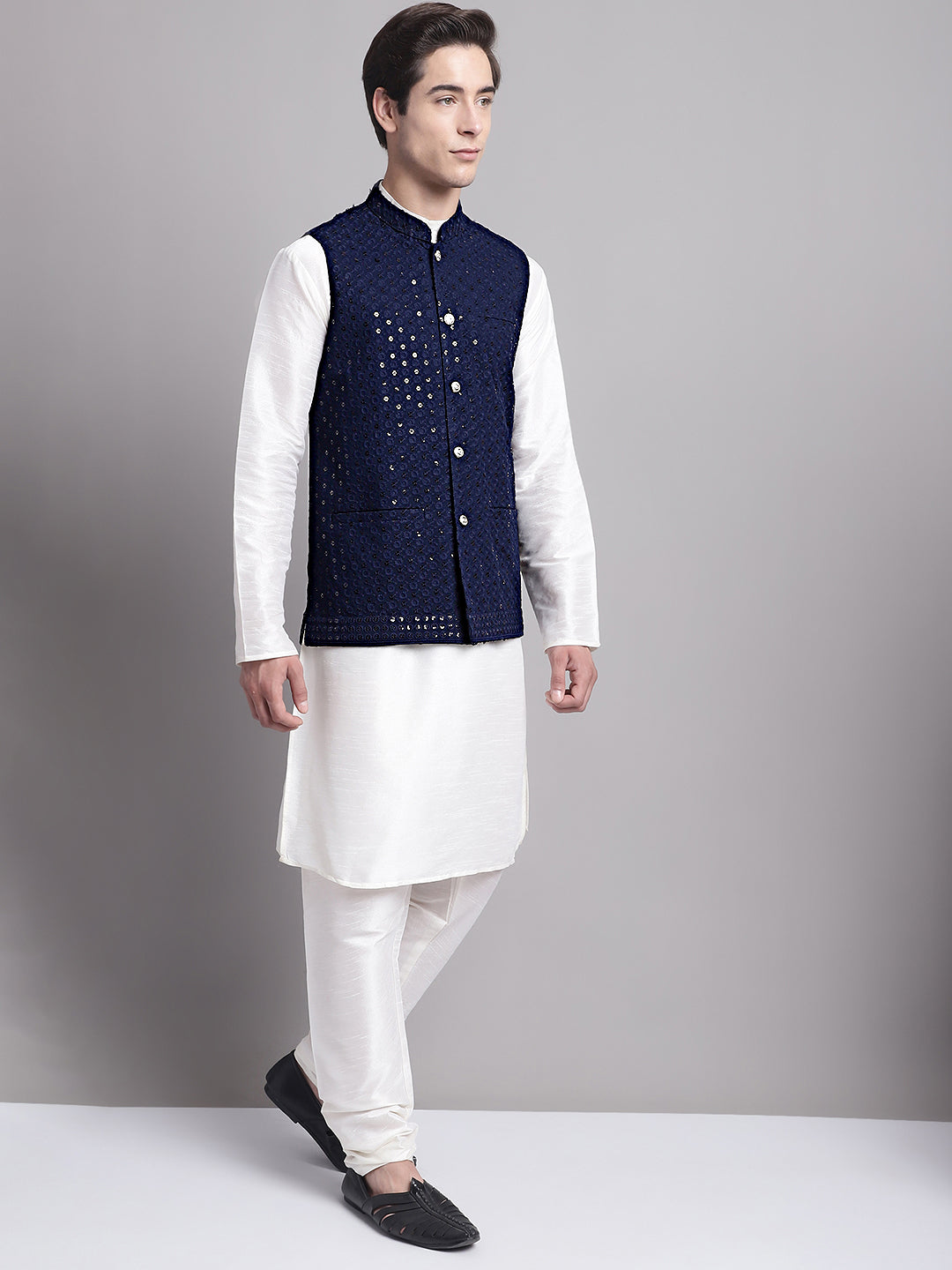 Jompers Men's Navy Blue Sequins and Embroidred Nehru Jacket With Solid Kurta Pyjama