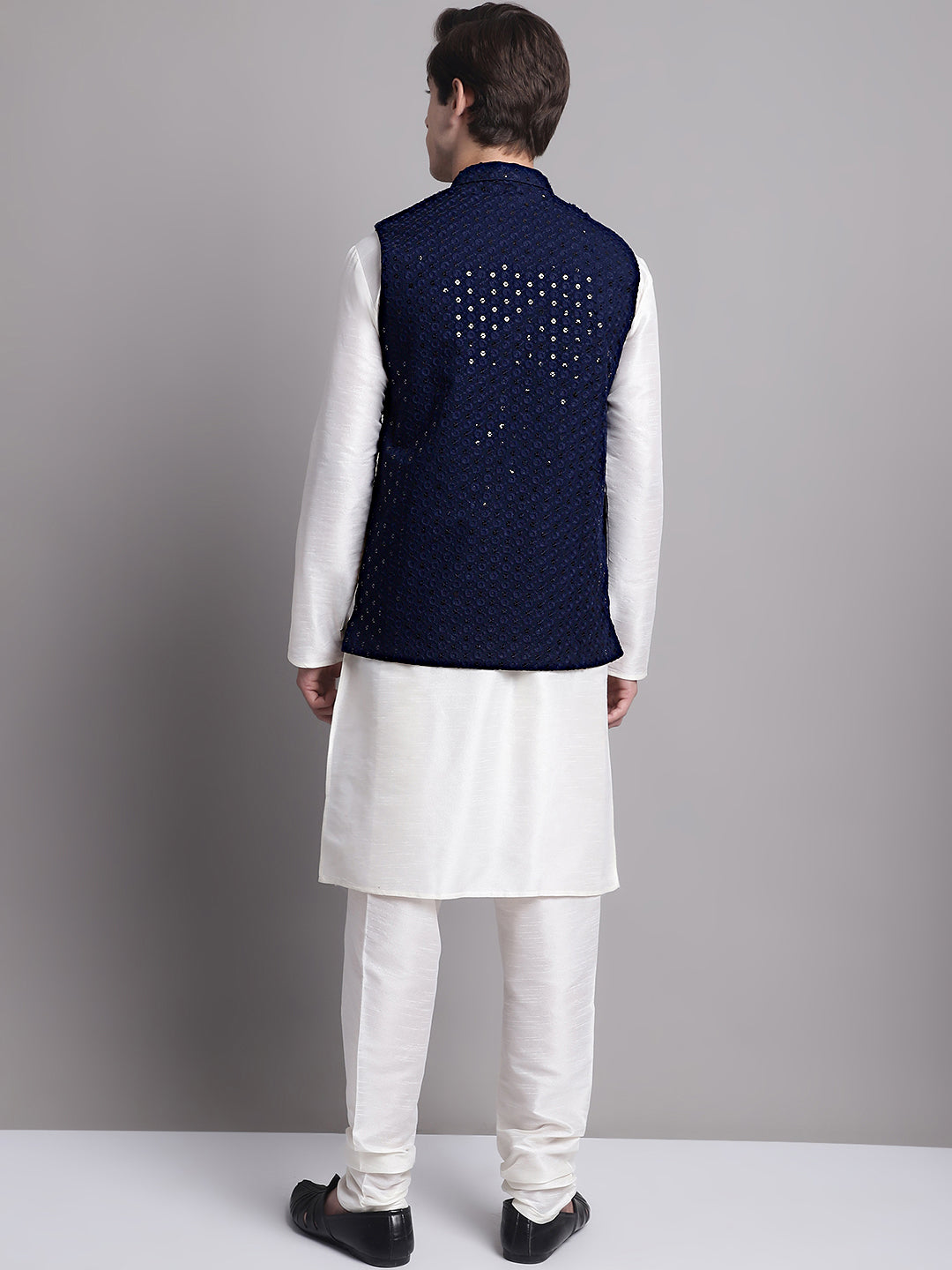 Jompers Men's Navy Blue Sequins and Embroidred Nehru Jacket With Solid Kurta Pyjama