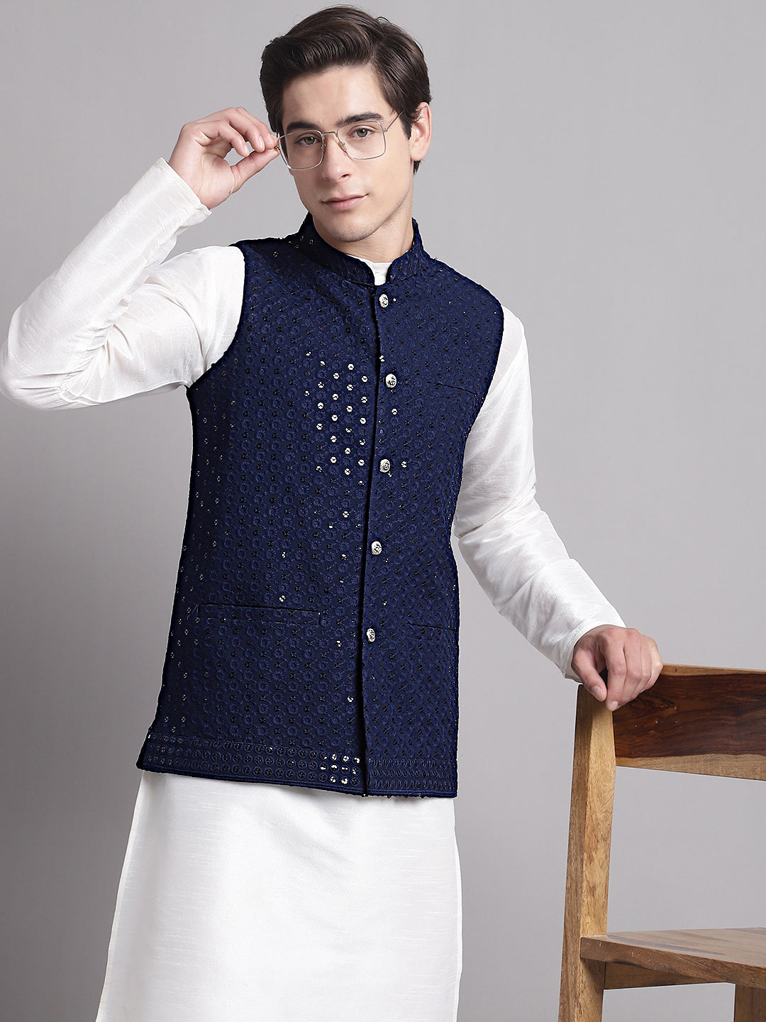 Jompers Men's Navy Blue Sequins and Embroidred Nehru Jacket With Solid Kurta Pyjama