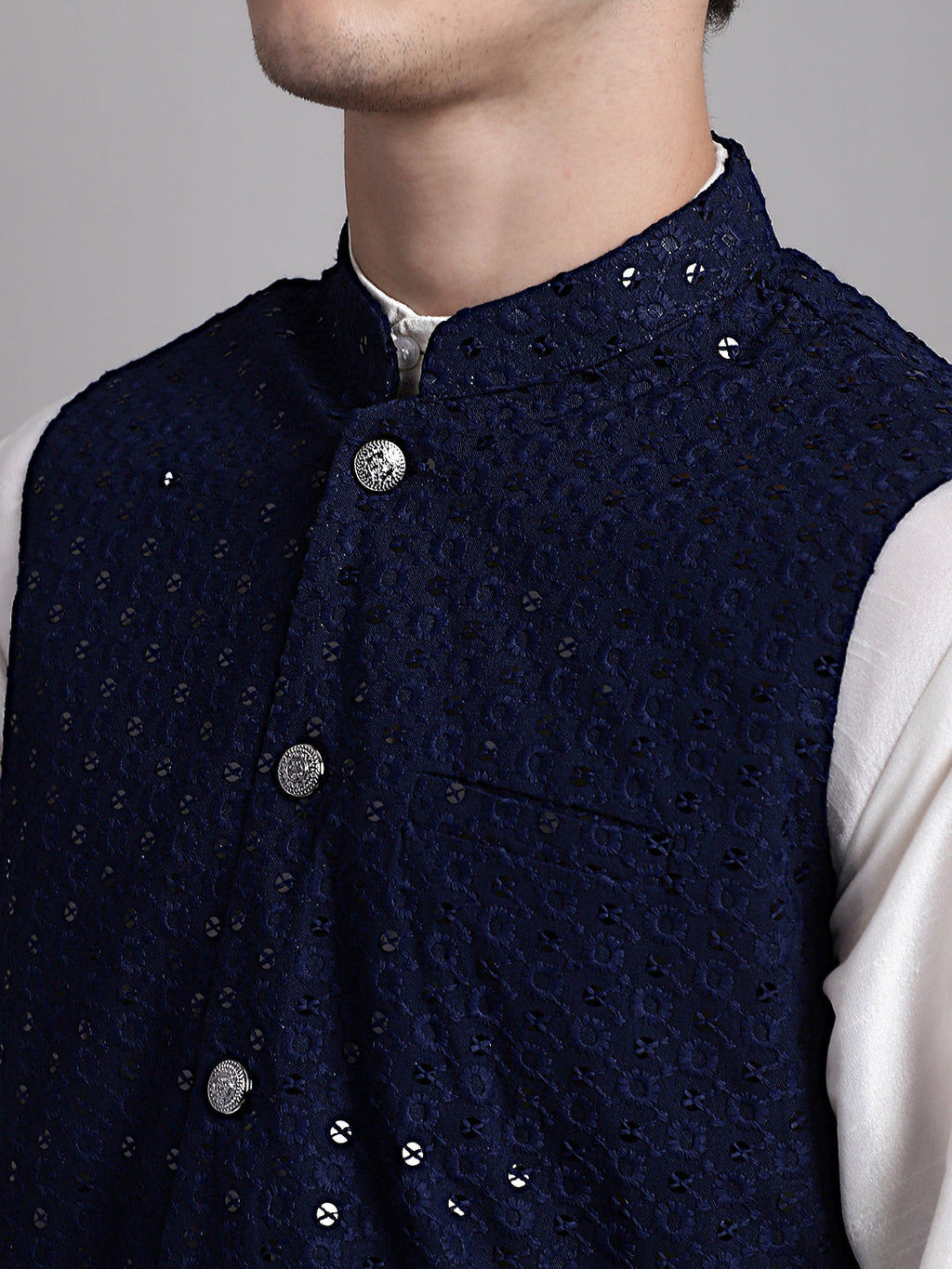 Jompers Men's Navy Blue Sequins and Embroidred Nehru Jacket With Solid Kurta Pyjama