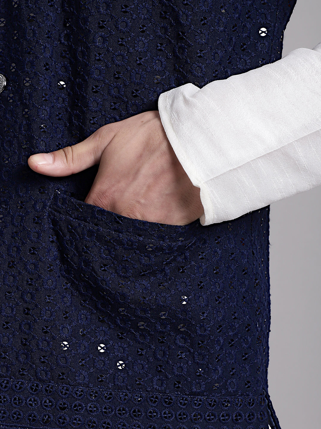 Jompers Men's Navy Blue Sequins and Embroidred Nehru Jacket With Solid Kurta Pyjama