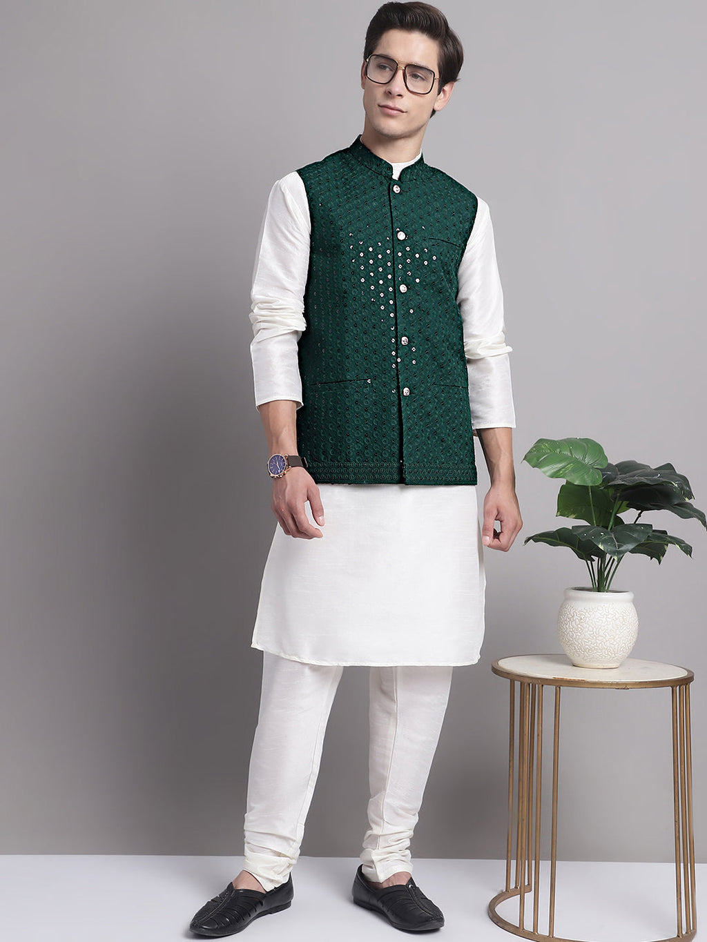 Jompers Men's Olive Green Sequins and Embroidred Nehru Jacket With Solid Kurta Pyjama