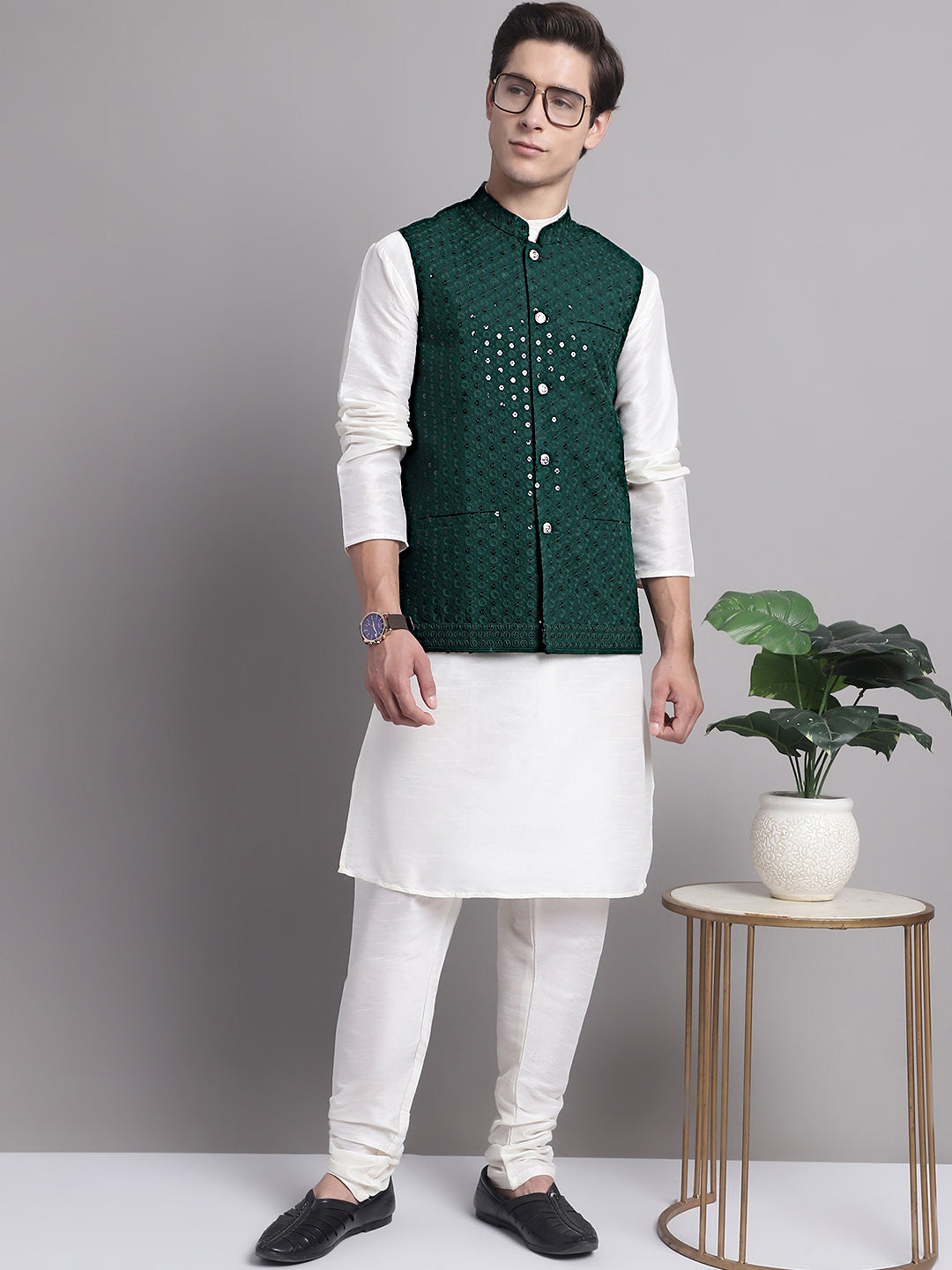 Jompers Men's Olive Green Sequins and Embroidred Nehru Jacket With Solid Kurta Pyjama