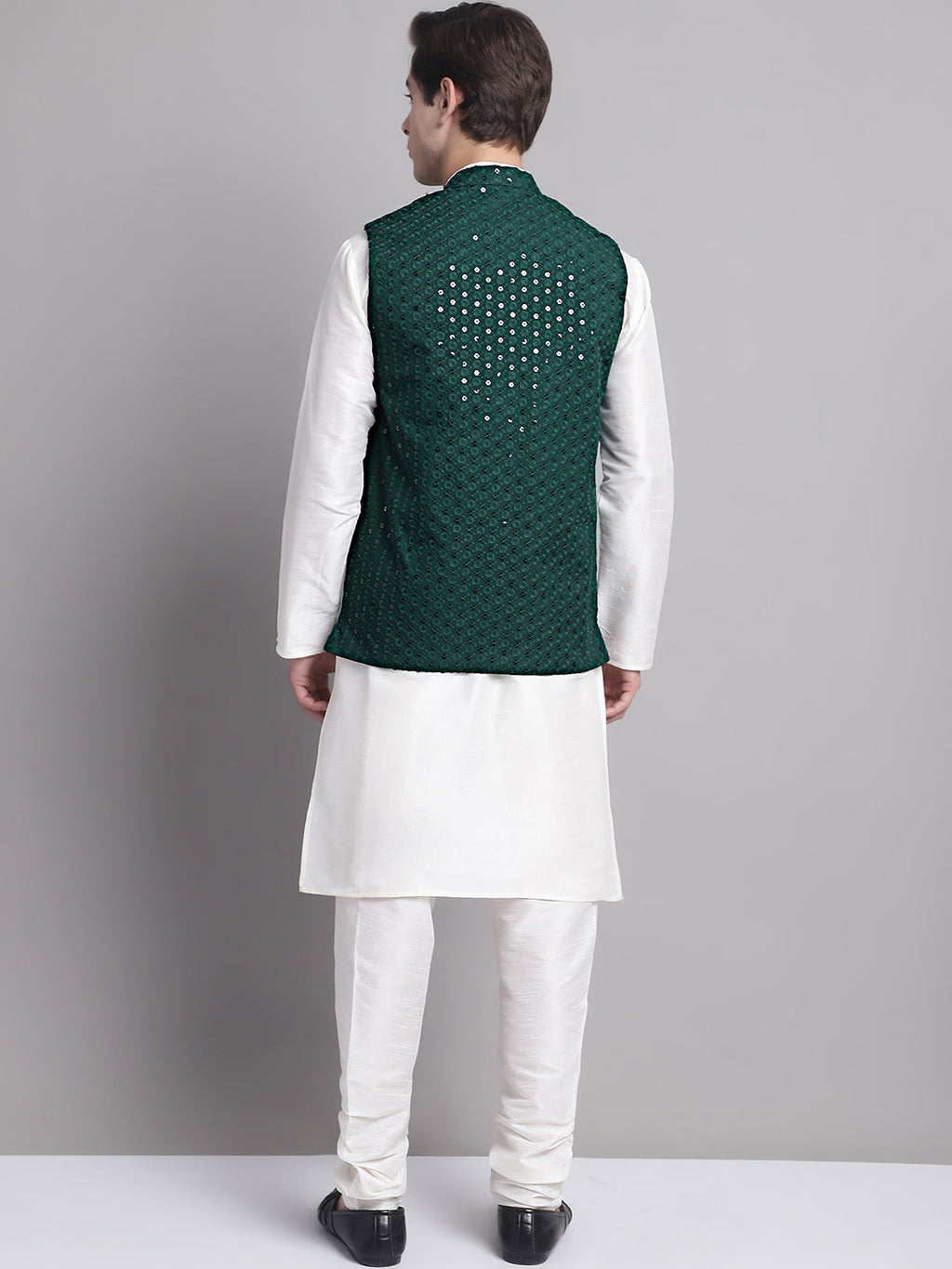 Jompers Men's Olive Green Sequins and Embroidred Nehru Jacket With Solid Kurta Pyjama