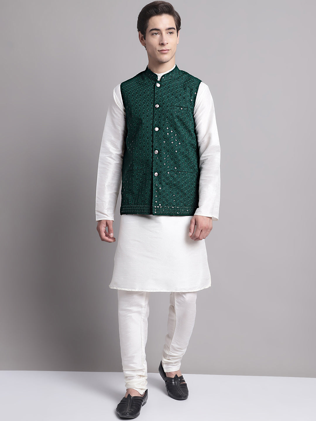 Jompers Men's Olive Green Sequins and Embroidred Nehru Jacket With Solid Kurta Pyjama