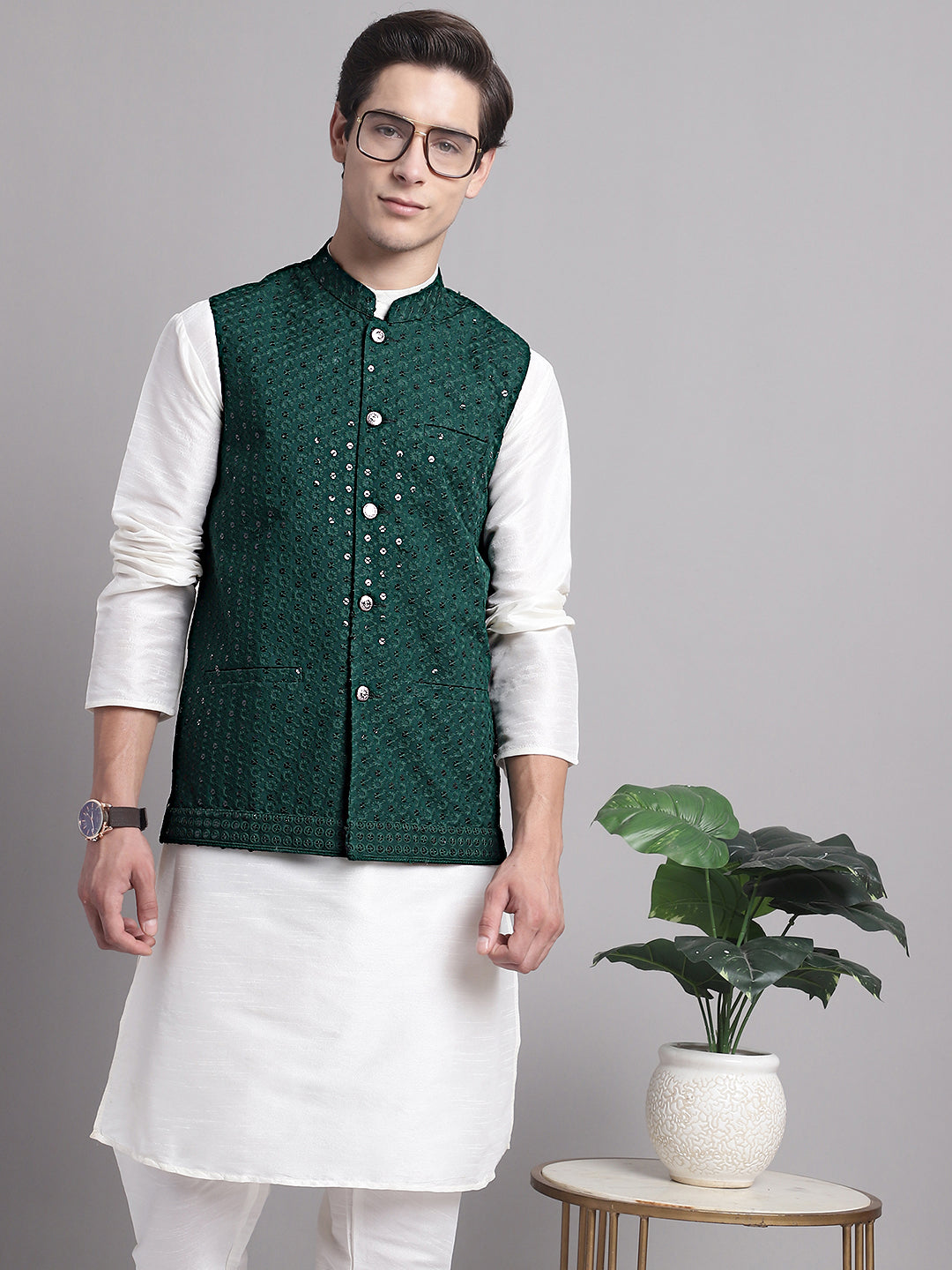 Jompers Men's Olive Green Sequins and Embroidred Nehru Jacket With Solid Kurta Pyjama