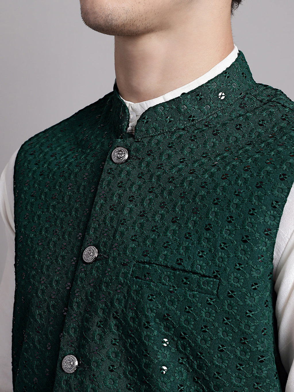 Jompers Men's Olive Green Sequins and Embroidred Nehru Jacket With Solid Kurta Pyjama