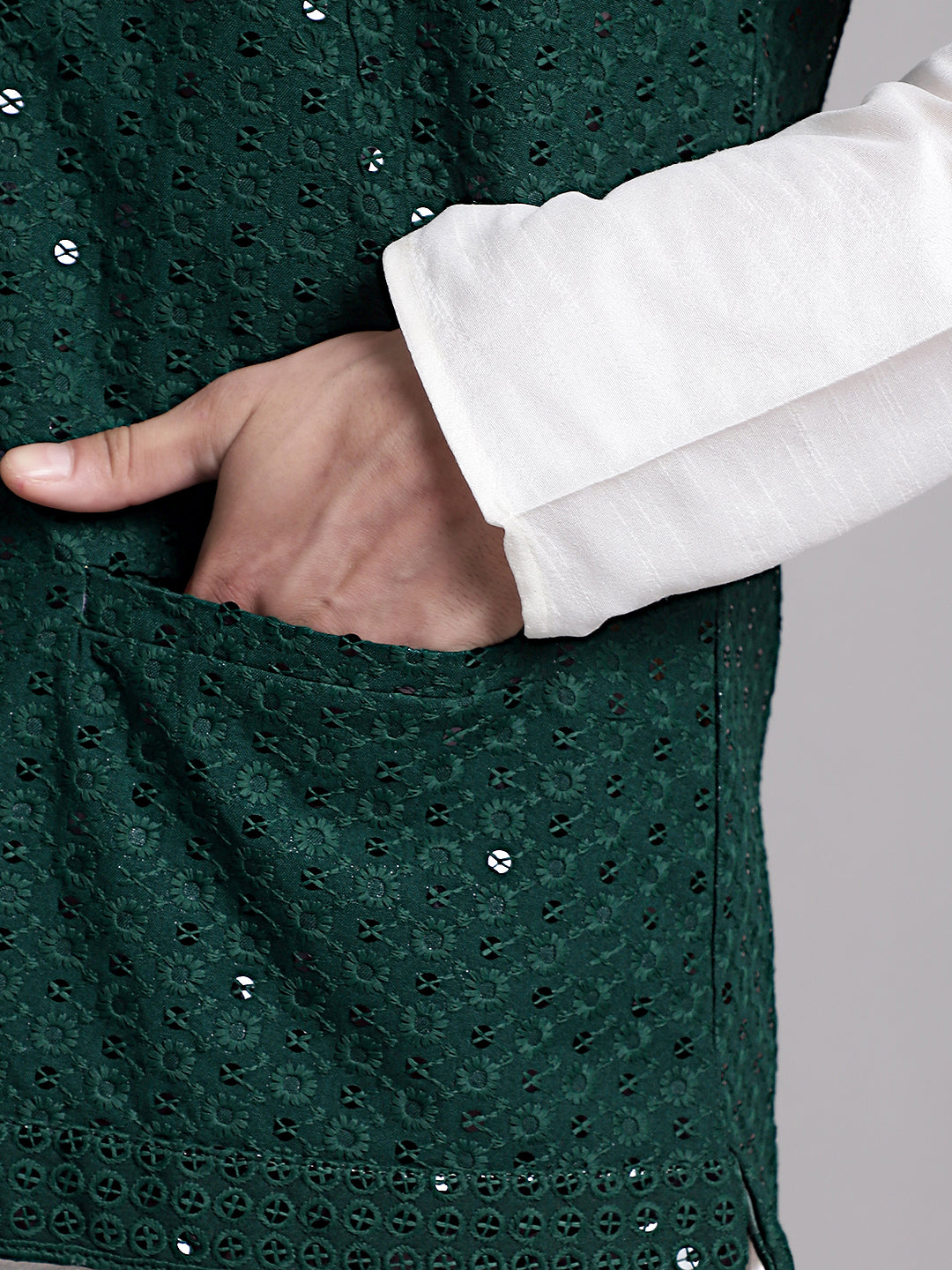 Jompers Men's Olive Green Sequins and Embroidred Nehru Jacket With Solid Kurta Pyjama