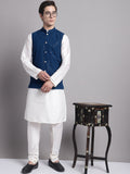 Jompers Men's Peacock Blue Sequins and Embroidred Nehru Jacket With Solid Kurta Pyjama
