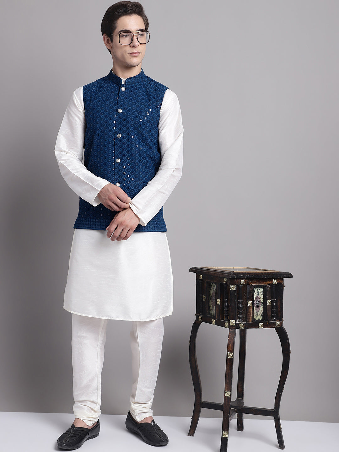 Jompers Men's Peacock Blue Sequins and Embroidred Nehru Jacket With Solid Kurta Pyjama