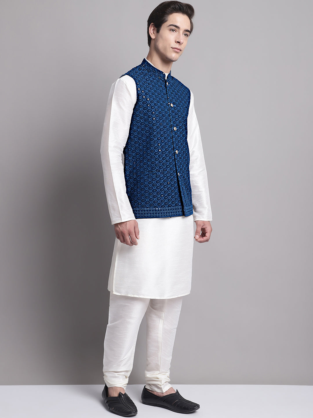 Jompers Men's Peacock Blue Sequins and Embroidred Nehru Jacket With Solid Kurta Pyjama