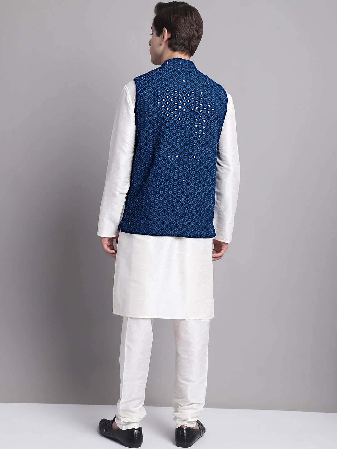 Jompers Men's Peacock Blue Sequins and Embroidred Nehru Jacket With Solid Kurta Pyjama
