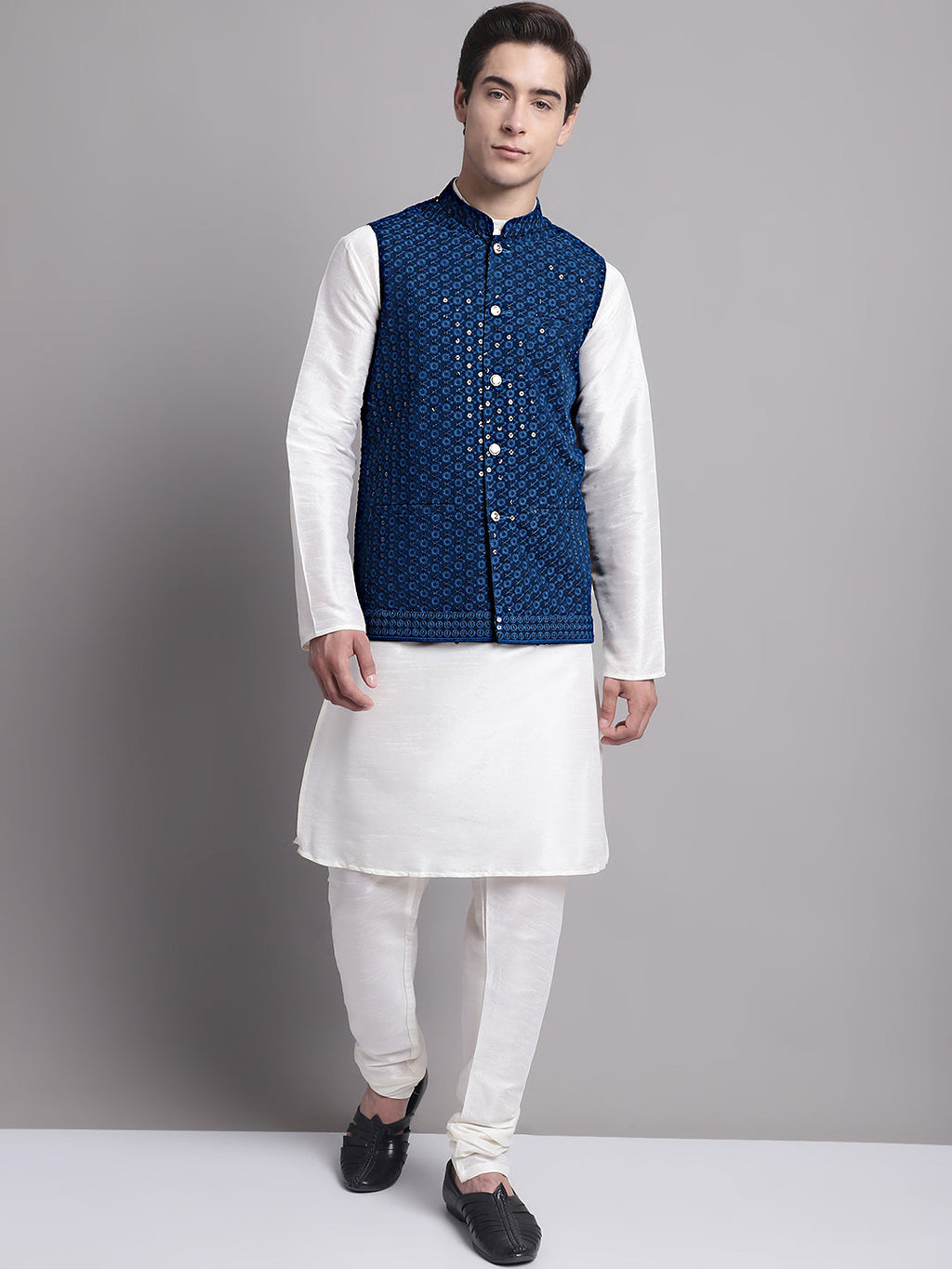 Jompers Men's Peacock Blue Sequins and Embroidred Nehru Jacket With Solid Kurta Pyjama