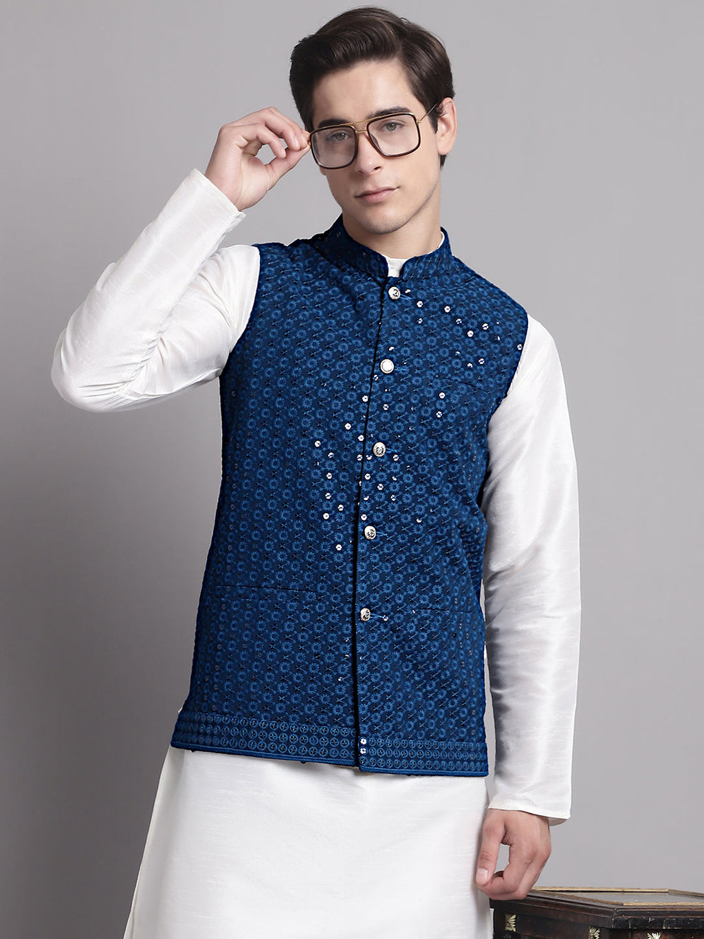 Jompers Men's Peacock Blue Sequins and Embroidred Nehru Jacket With Solid Kurta Pyjama