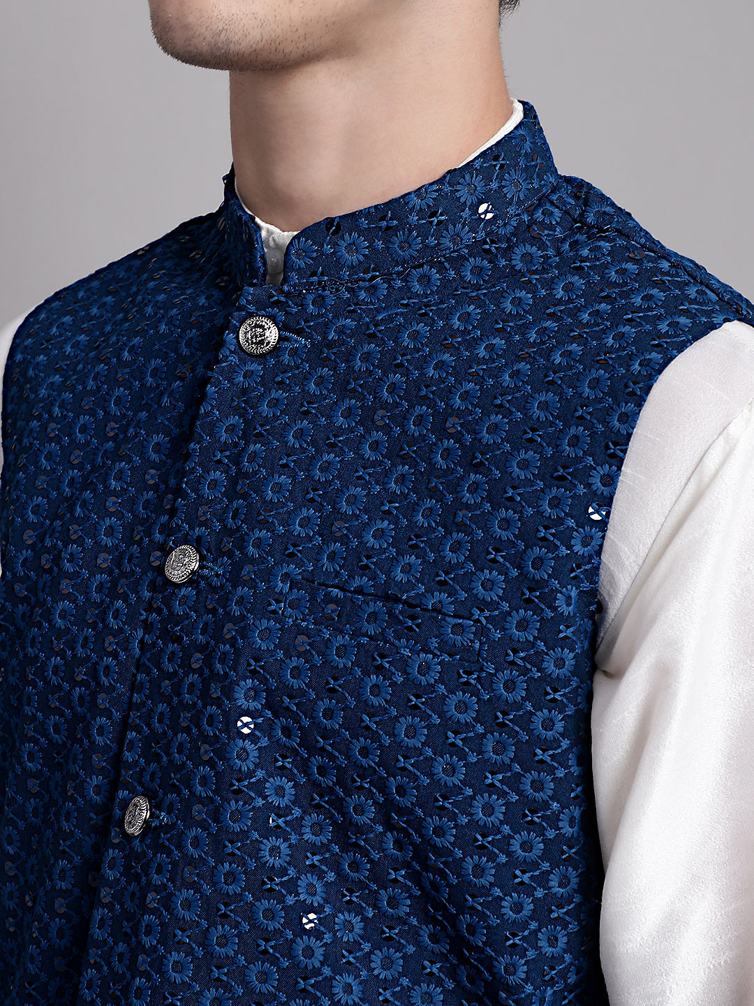 Jompers Men's Peacock Blue Sequins and Embroidred Nehru Jacket With Solid Kurta Pyjama