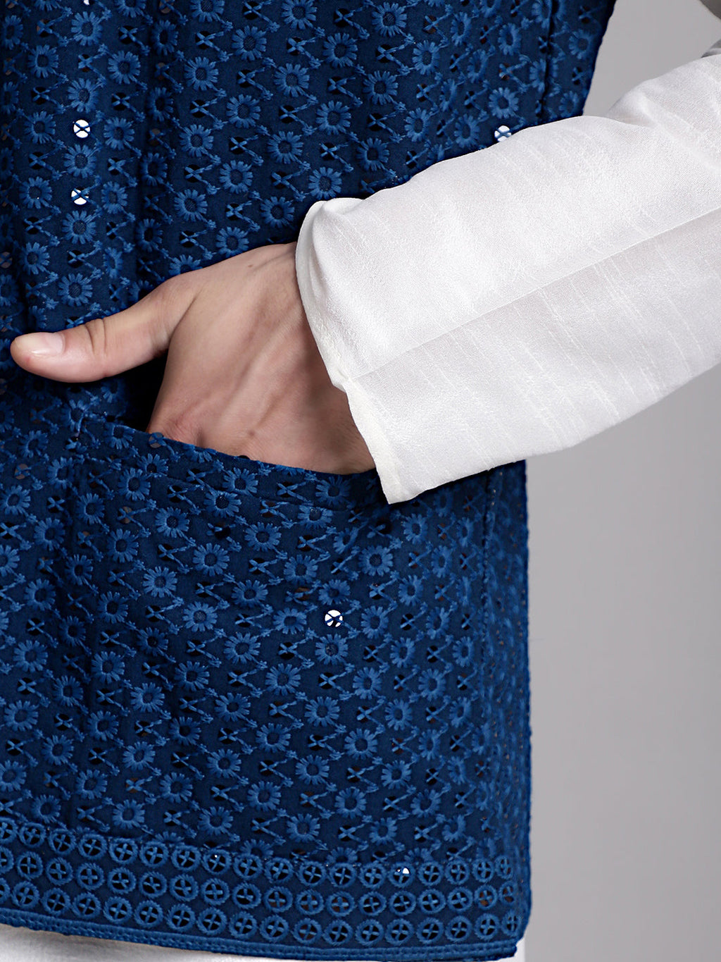 Jompers Men's Peacock Blue Sequins and Embroidred Nehru Jacket With Solid Kurta Pyjama