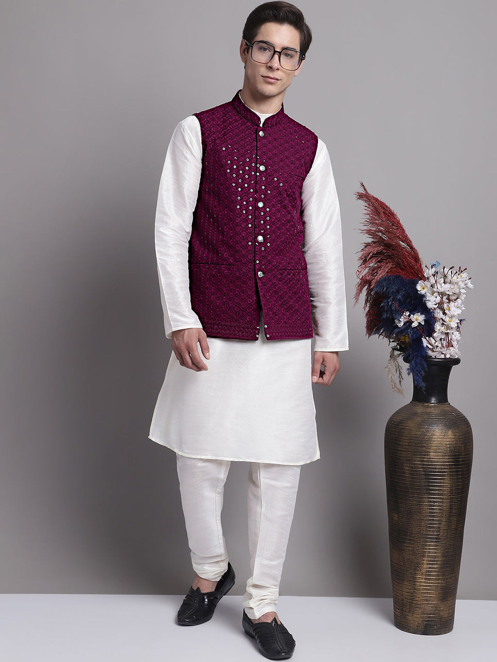 Jompers Men's Purple Sequins and Embroidred Nehru Jacket With Solid Kurta Pyjama