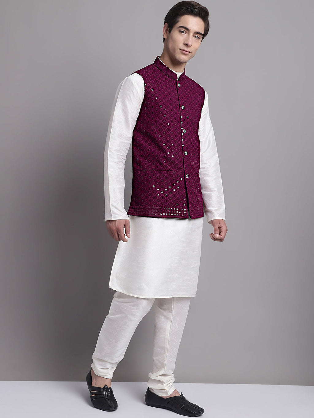 Jompers Men's Purple Sequins and Embroidred Nehru Jacket With Solid Kurta Pyjama