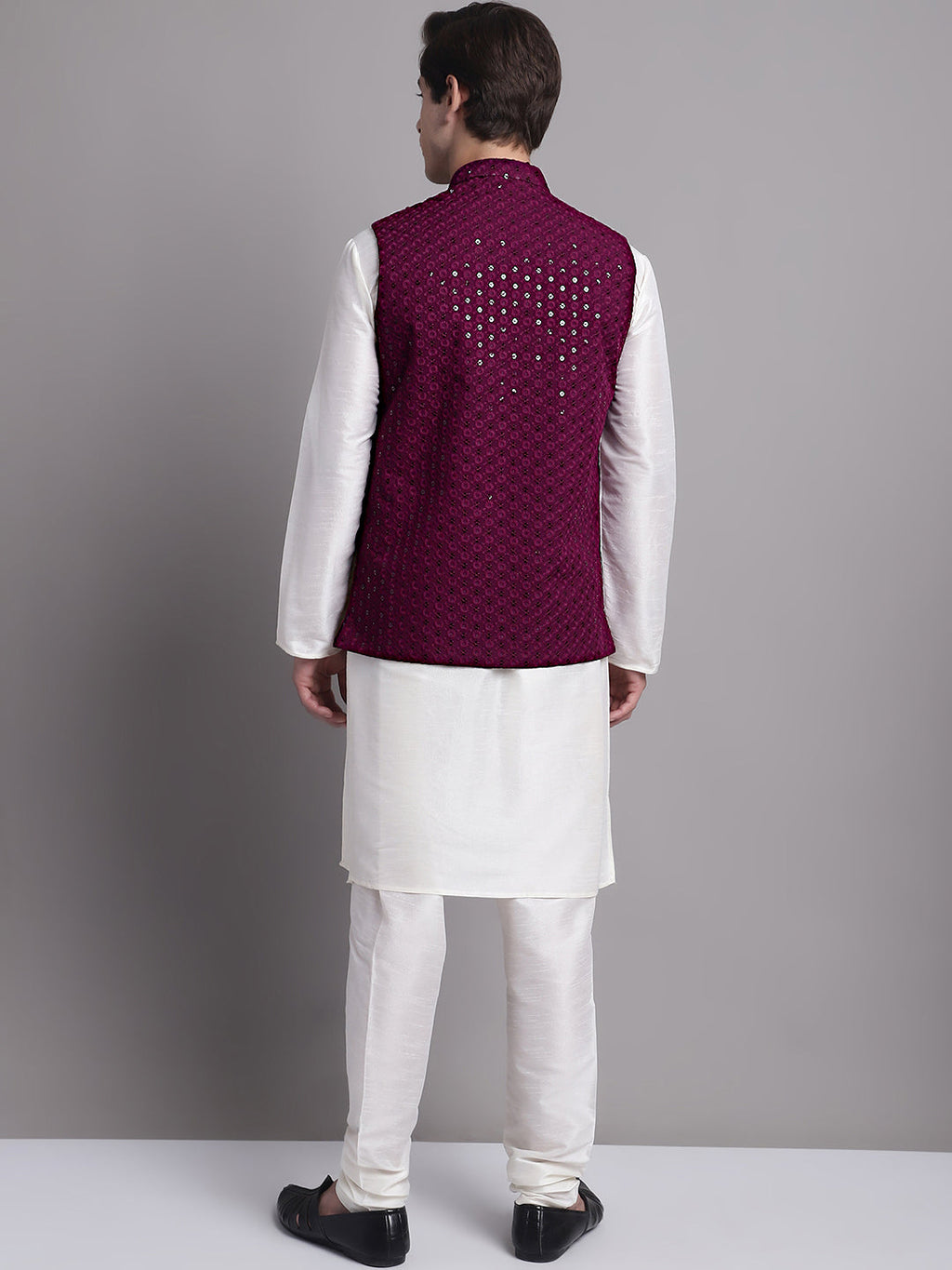 Jompers Men's Purple Sequins and Embroidred Nehru Jacket With Solid Kurta Pyjama