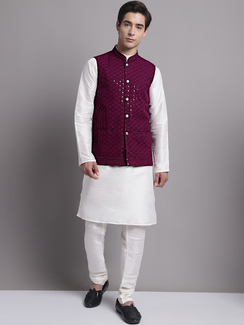 Jompers Men's Purple Sequins and Embroidred Nehru Jacket With Solid Kurta Pyjama
