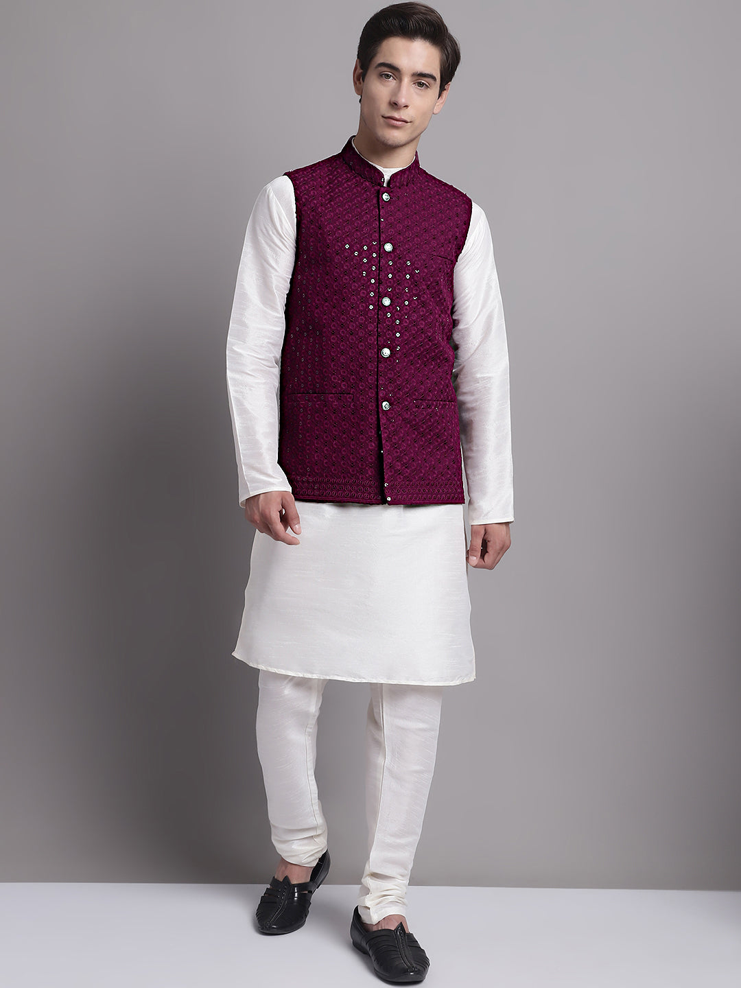 Jompers Men's Purple Sequins and Embroidred Nehru Jacket With Solid Kurta Pyjama