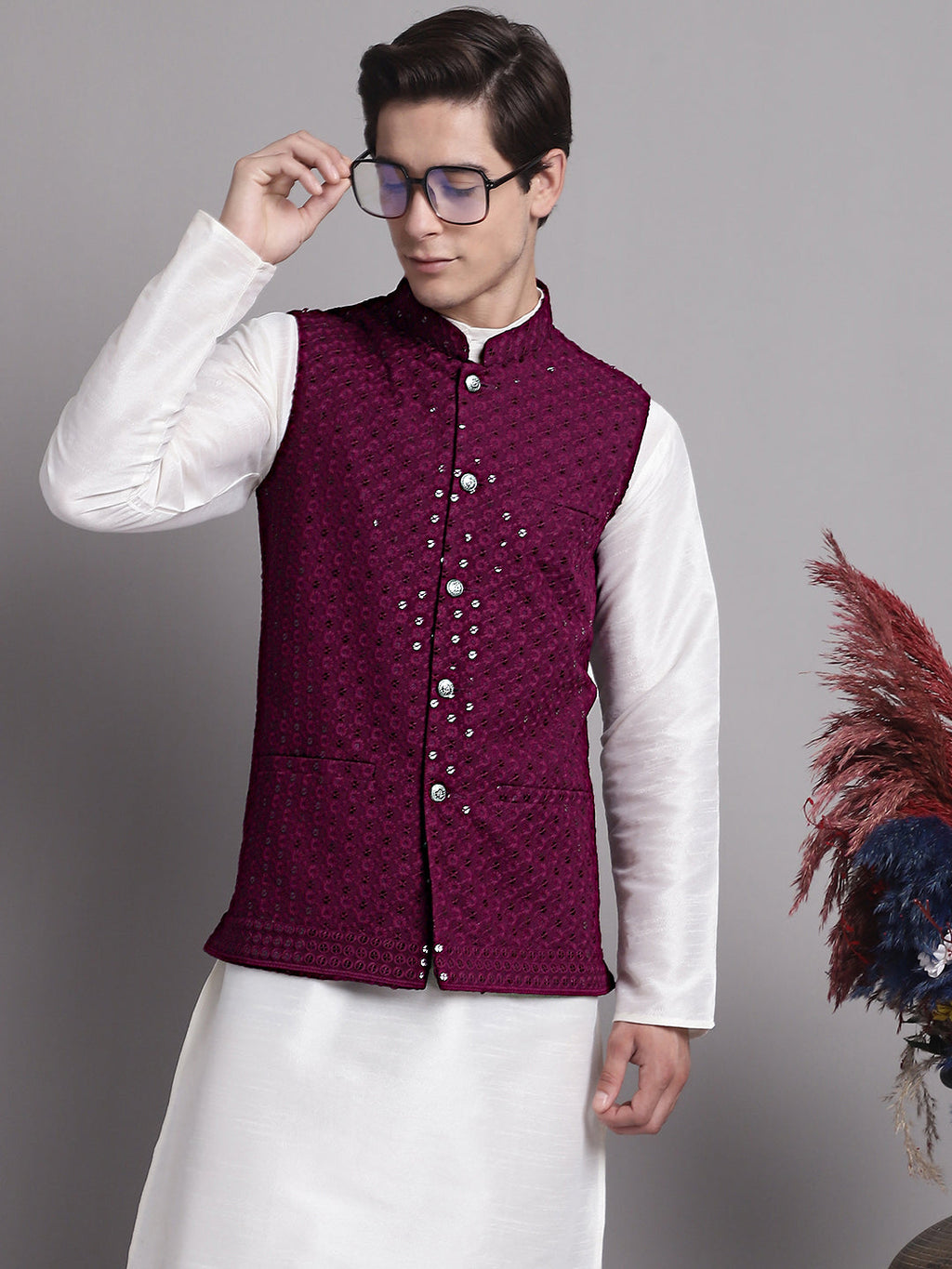 Jompers Men's Purple Sequins and Embroidred Nehru Jacket With Solid Kurta Pyjama