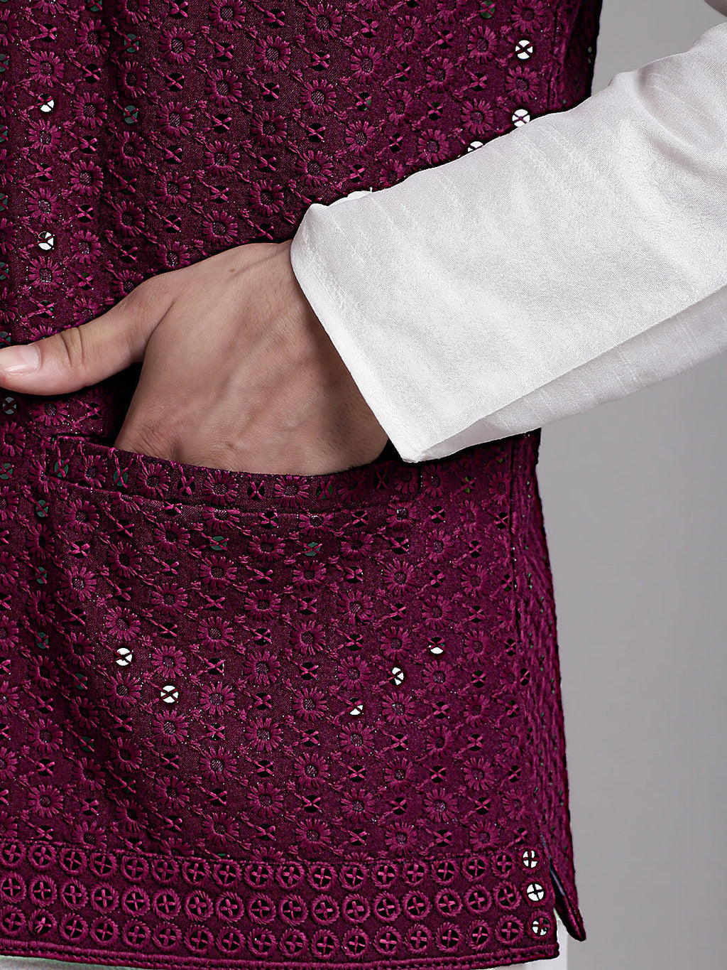 Jompers Men's Purple Sequins and Embroidred Nehru Jacket With Solid Kurta Pyjama