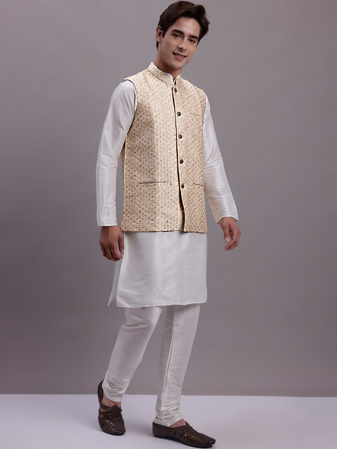 Jompers Men's Cream Woven Design Nehru Jacket With Solid Kurta Pyjama