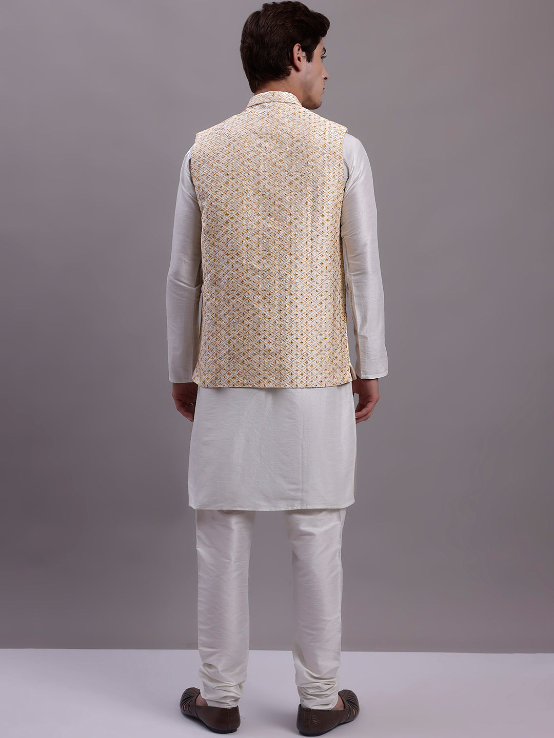 Jompers Men's Cream Woven Design Nehru Jacket With Solid Kurta Pyjama