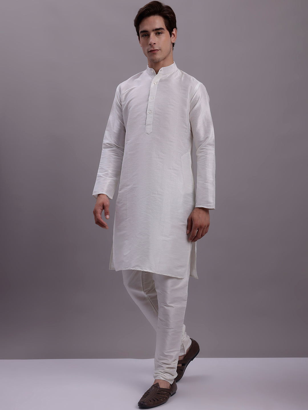 Jompers Men's Cream Woven Design Nehru Jacket With Solid Kurta Pyjama