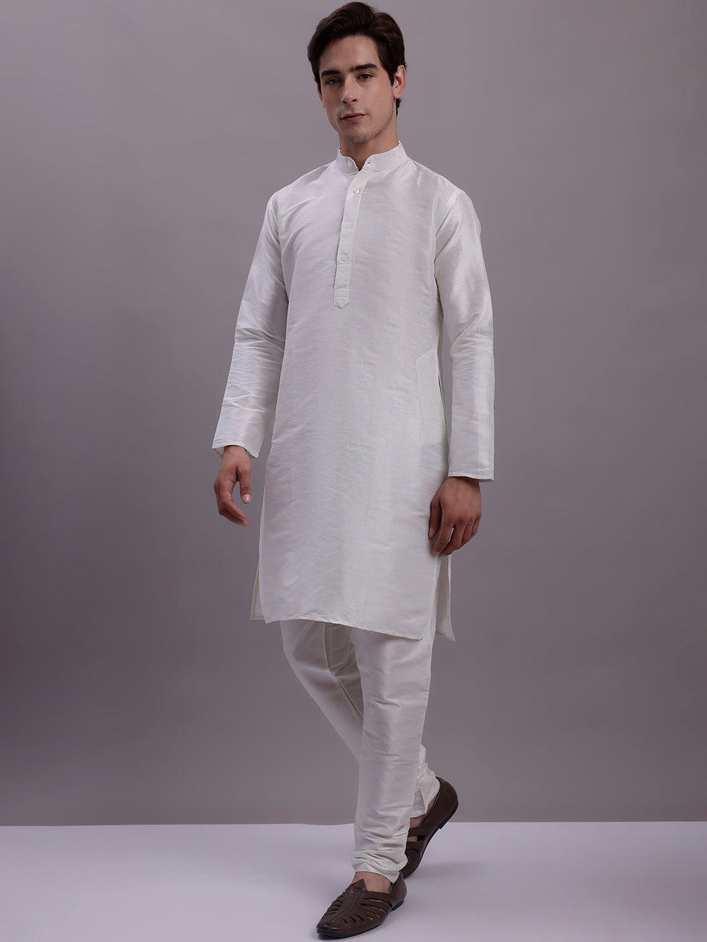 Jompers Men's Olive Green Woven Design Nehru Jacket With Solid Kurta Pyjama