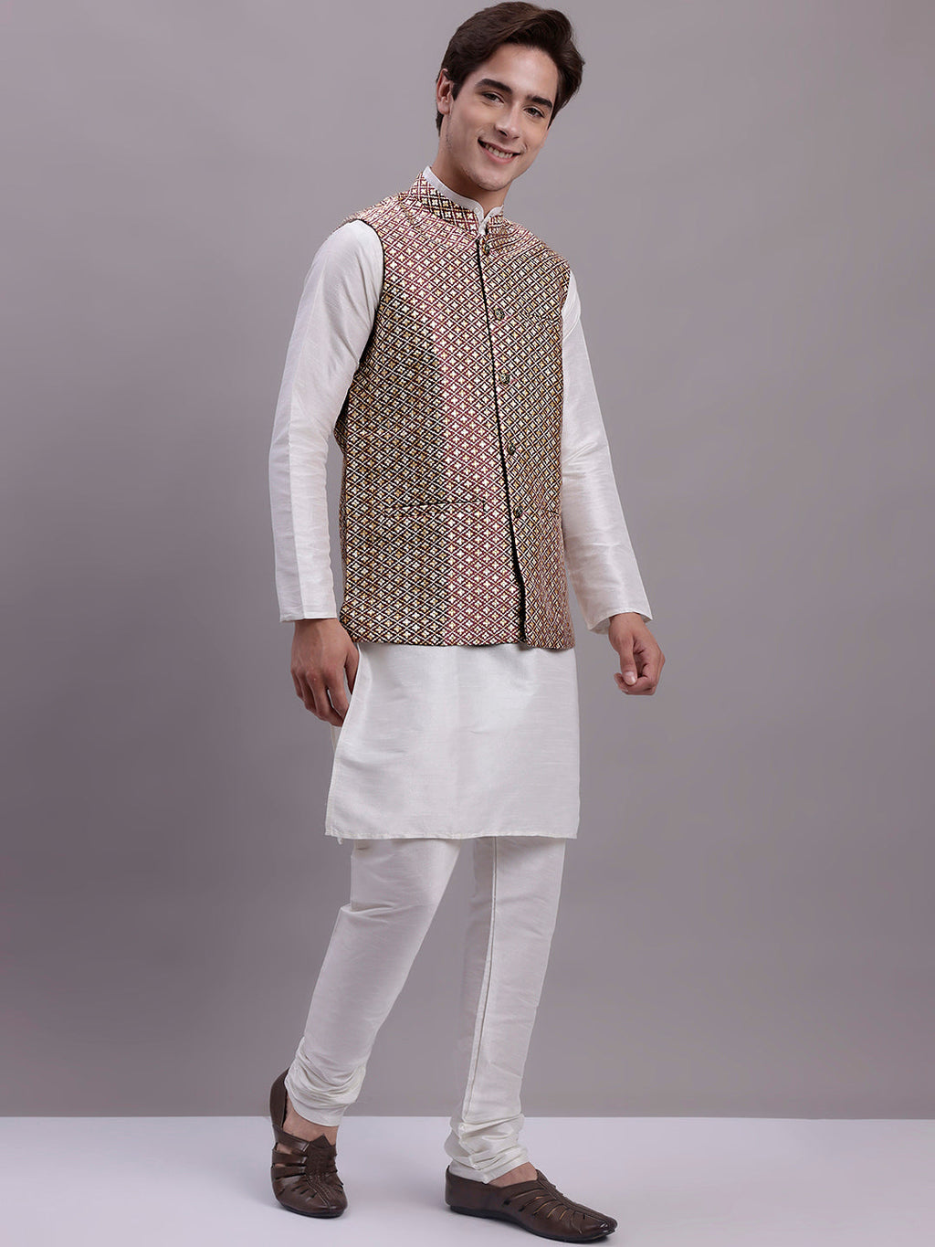 Jompers Men's Peach Woven Design Nehru Jacket With Solid Kurta Pyjama
