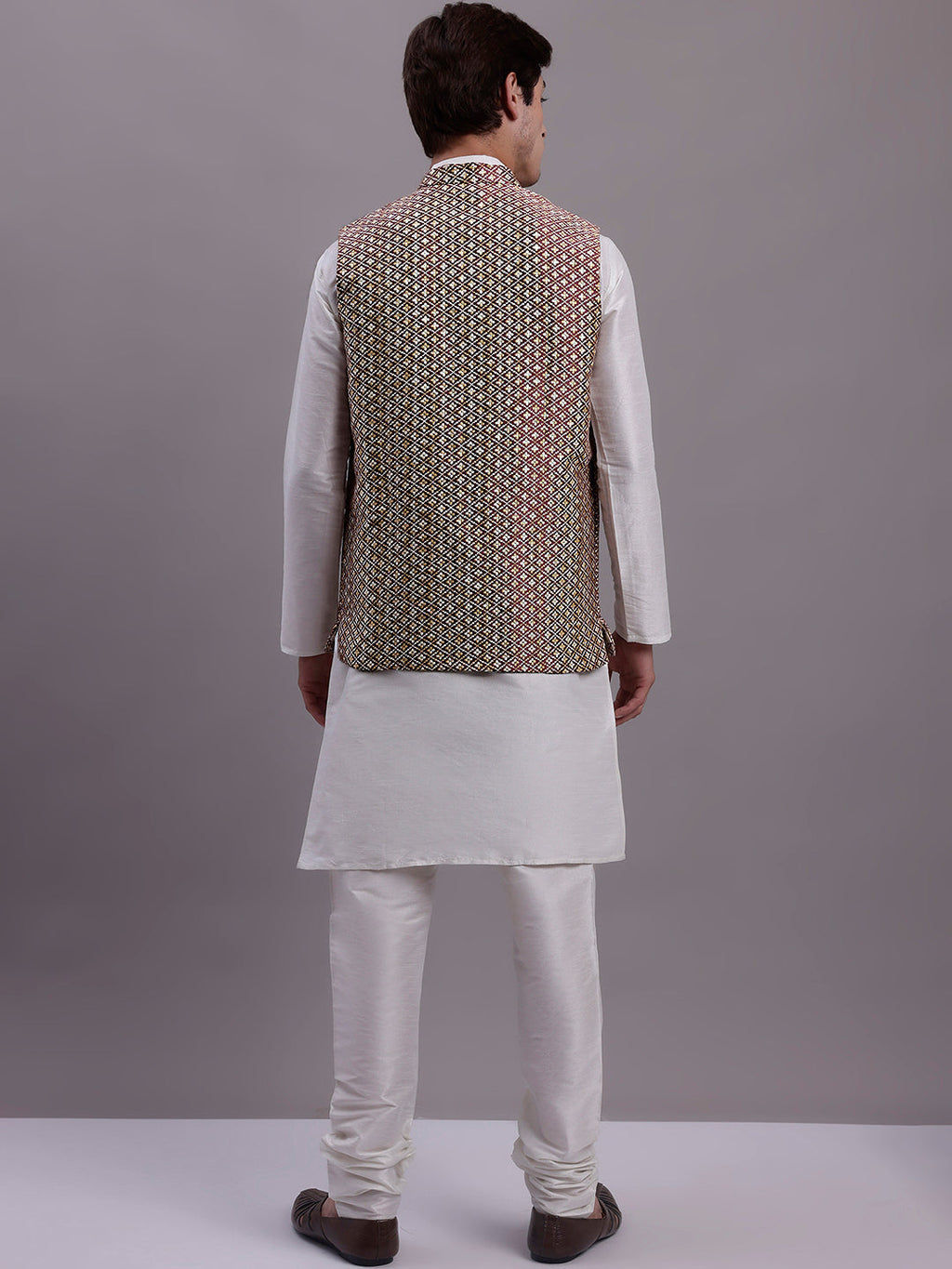 Jompers Men's Peach Woven Design Nehru Jacket With Solid Kurta Pyjama