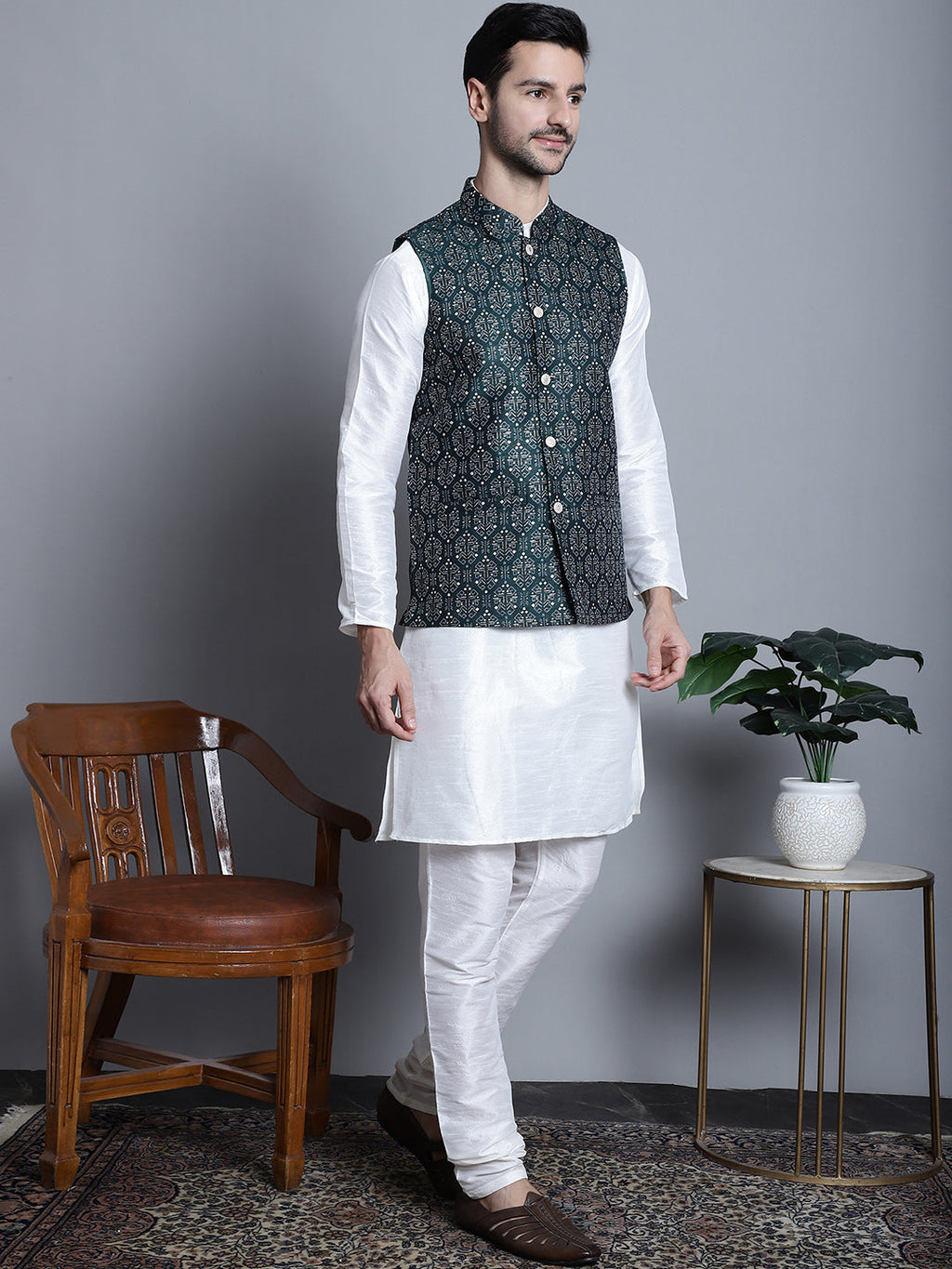 Jompers Men's Printed Nehru Jacket With Kurta Pyjama Set - Olive
