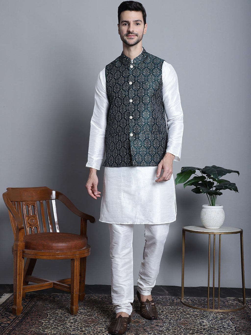 Jompers Men's Printed Nehru Jacket With Kurta Pyjama Set - Olive