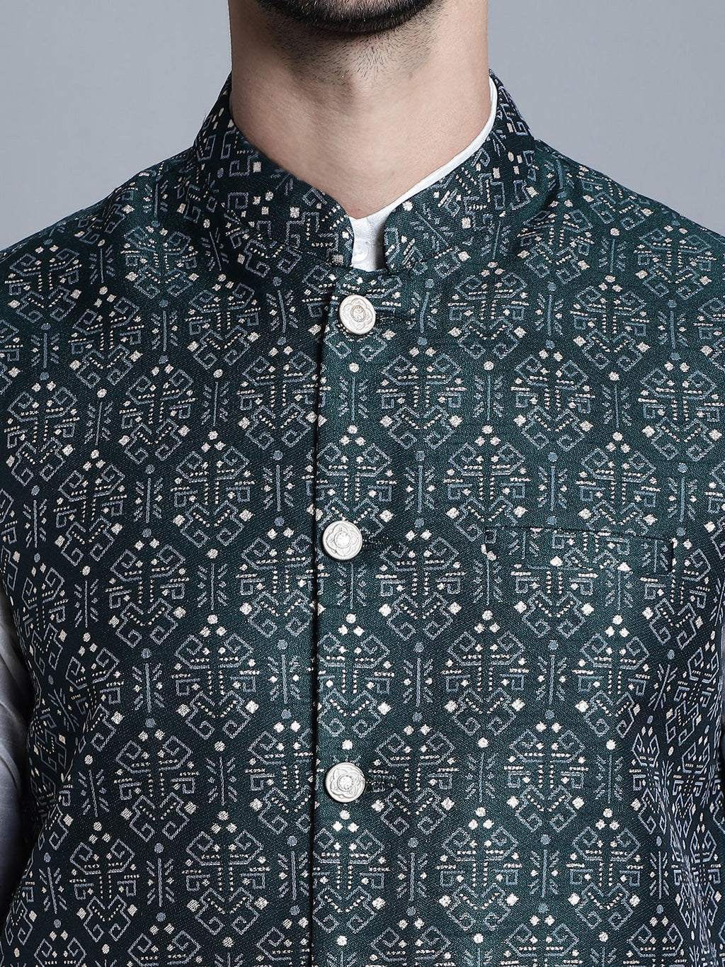Jompers Men's Printed Nehru Jacket With Kurta Pyjama Set - Olive