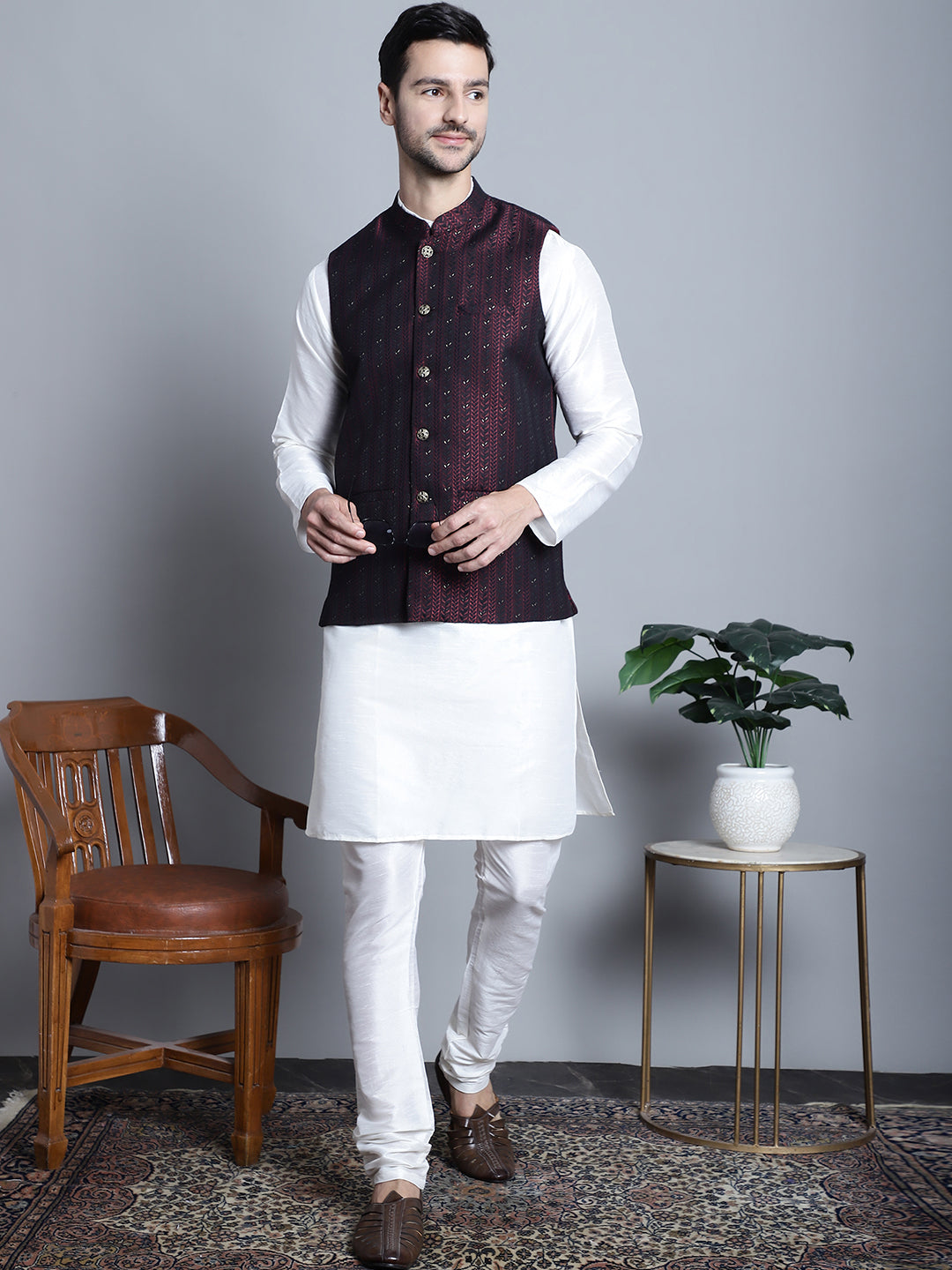 Jompers Men's Woven Design Nehru Jacket With Kurta Pyjama Set - Maroon
