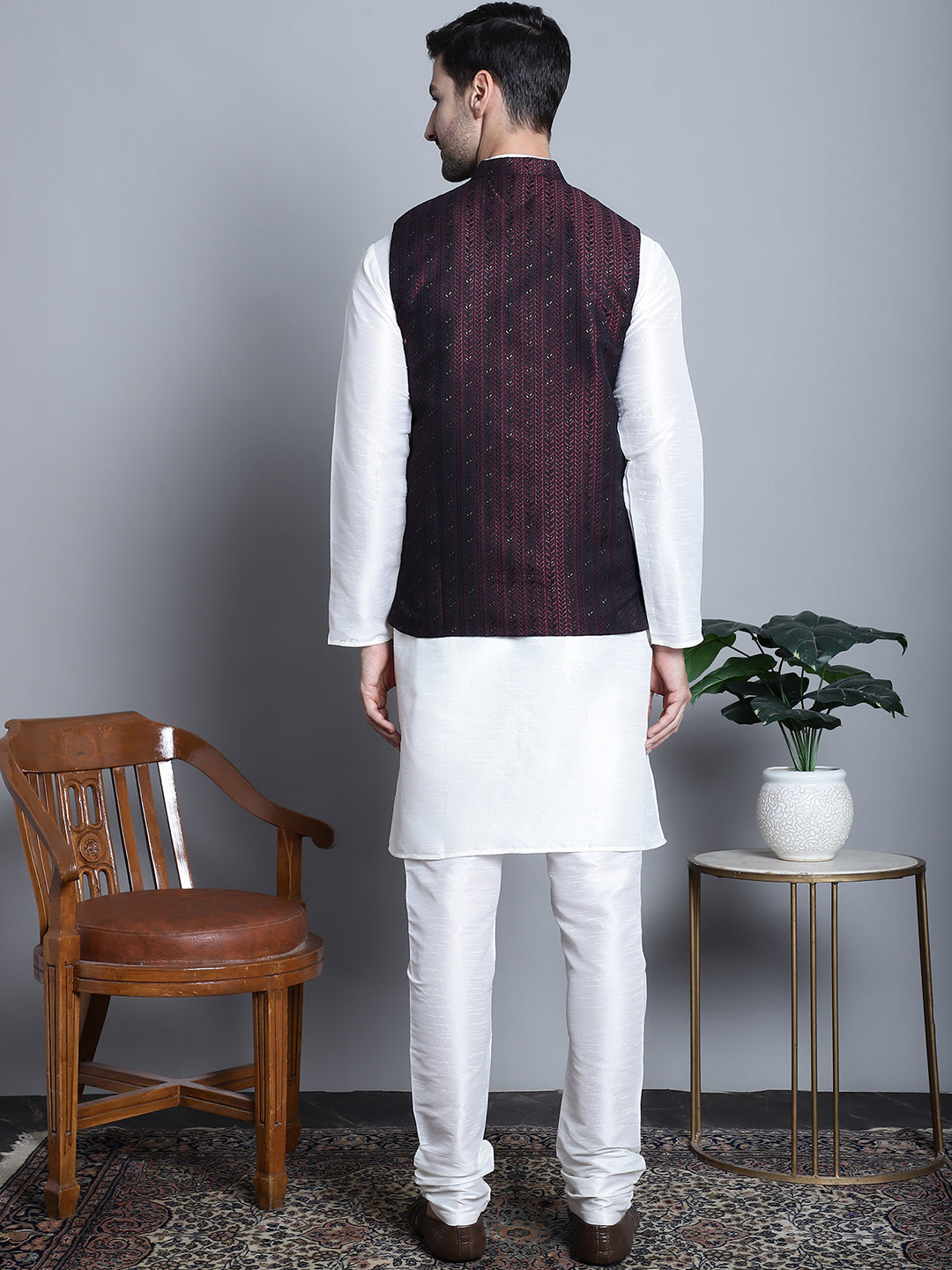 Jompers Men's Woven Design Nehru Jacket With Kurta Pyjama Set - Maroon