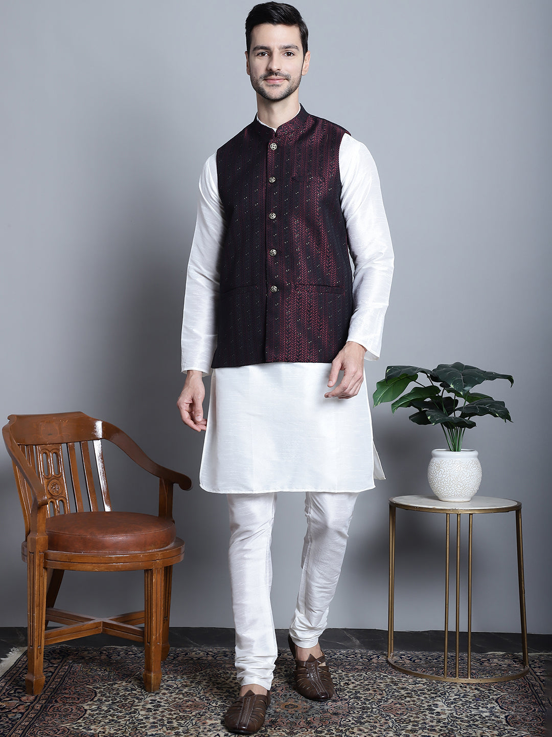 Jompers Men's Woven Design Nehru Jacket With Kurta Pyjama Set - Maroon