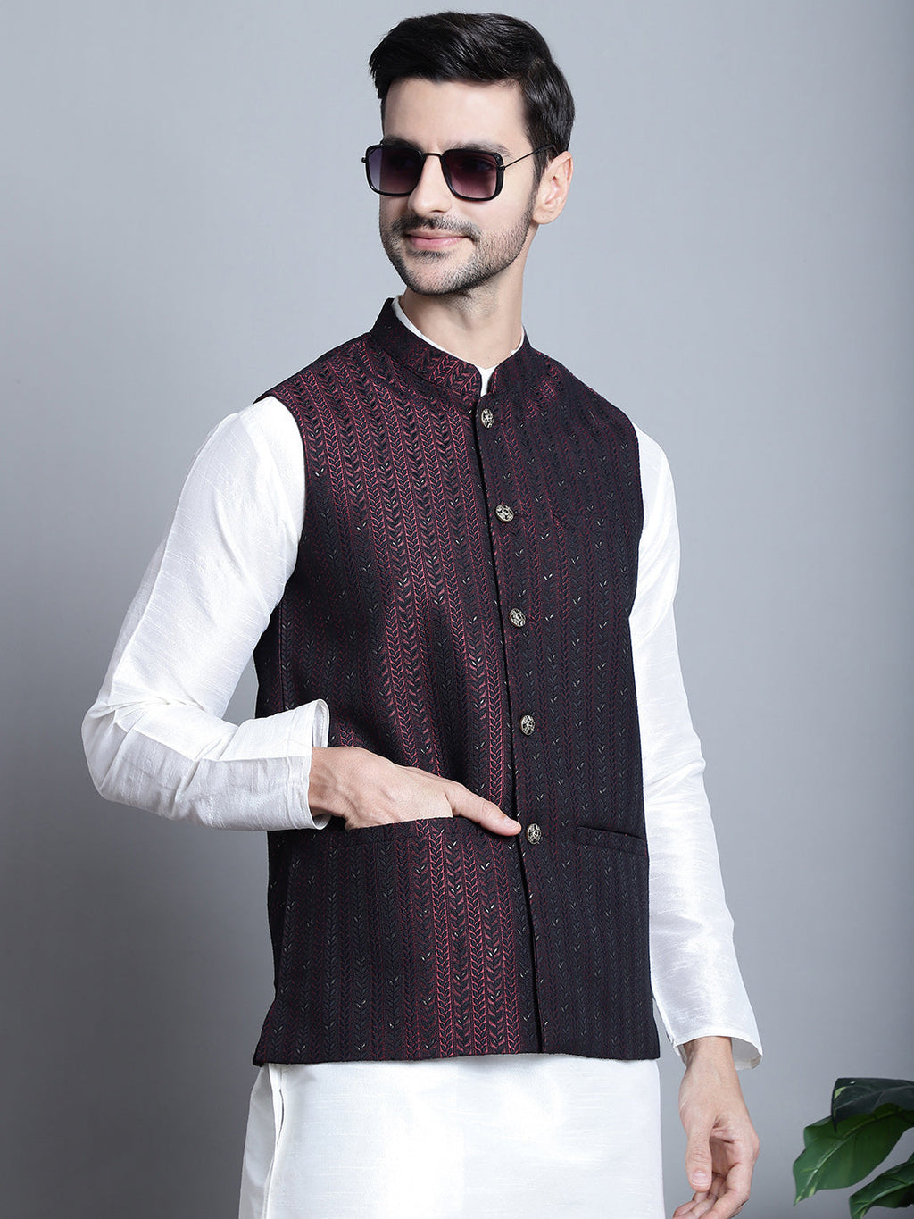 Jompers Men's Woven Design Nehru Jacket With Kurta Pyjama Set - Maroon