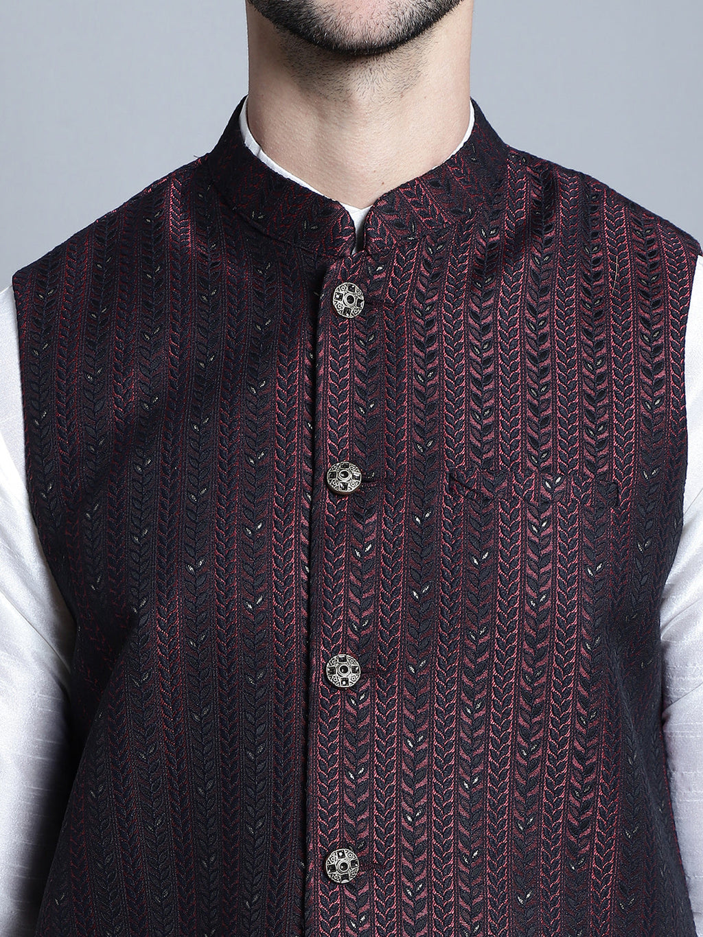 Jompers Men's Woven Design Nehru Jacket With Kurta Pyjama Set - Maroon