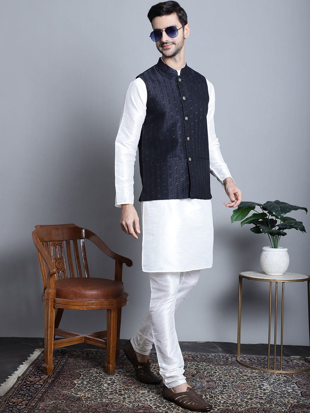 Jompers Men's Woven Design Nehru Jacket With Kurta Pyjama Set - Navy Blue