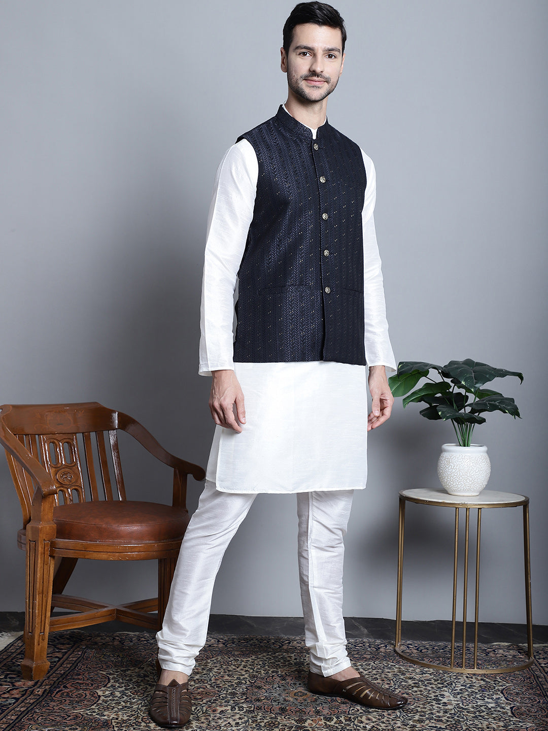 Jompers Men's Woven Design Nehru Jacket With Kurta Pyjama Set - Navy Blue