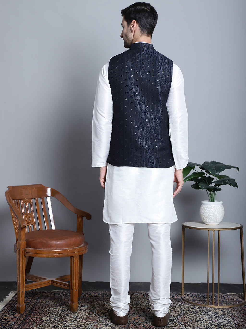Jompers Men's Woven Design Nehru Jacket With Kurta Pyjama Set - Navy Blue