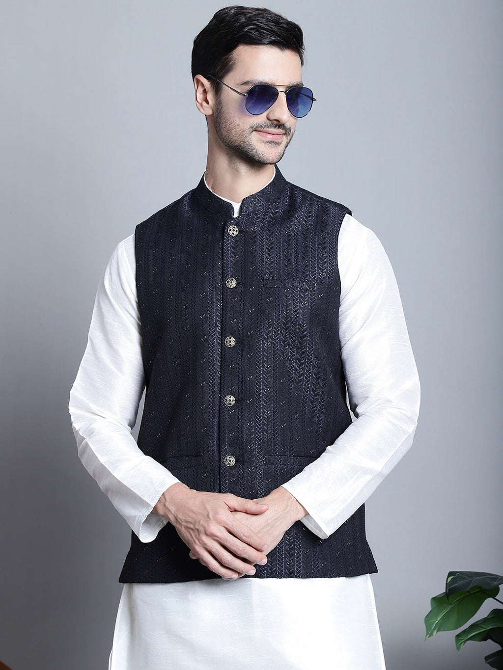 Jompers Men's Woven Design Nehru Jacket With Kurta Pyjama Set - Navy Blue